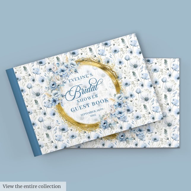 Chic Pale Blue Gold Wild Flowers Bridal Shower Guest Book (Chic Pale Blue Gold Wild Flowers Bridal Shower Guest Book)