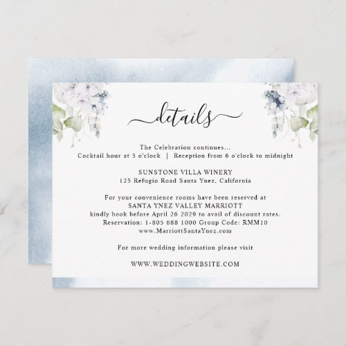 Chic Pale Blue Watercolor Floral Wedding Details Enclosure Card