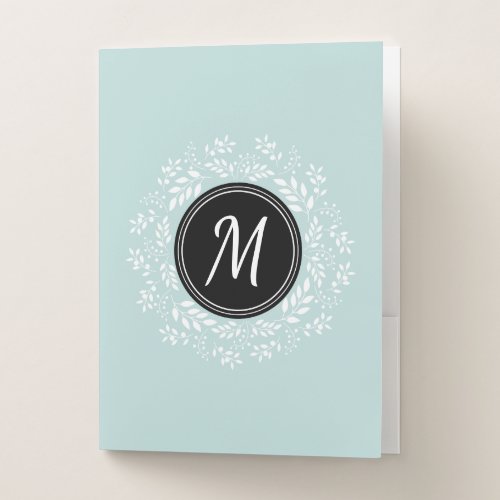 Chic Pale Blue White Floral Black Monogram Design Pocket Folder