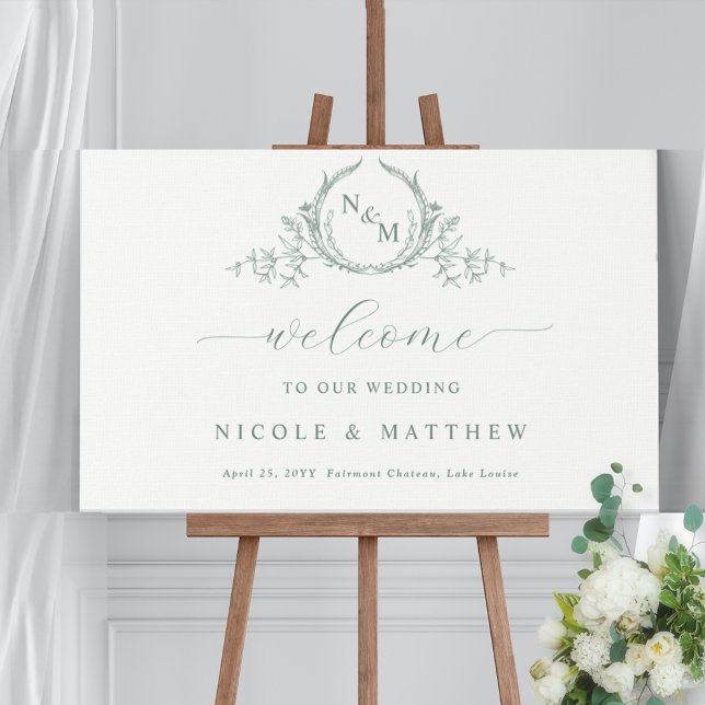 Chic Pale Green Monogram Wedding Welcome Sign (Creator Uploaded)