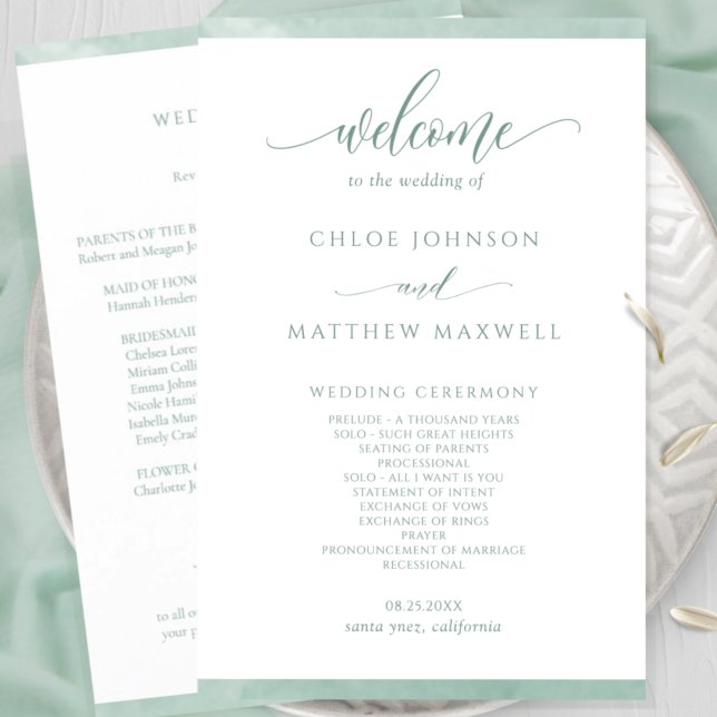 Chic Pale Green Watercolor Frame Wedding Program (Creator Uploaded)