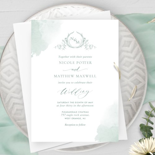 Chic Pale Green Watercolor Stains Monogram Wedding Invitation