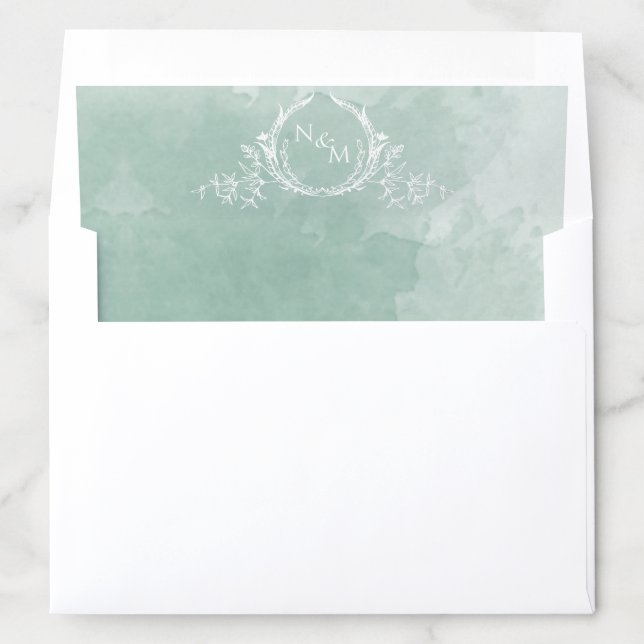 Chic Pale Green Watercolor, White Monogram Wedding Envelope Liner (In Envelope)