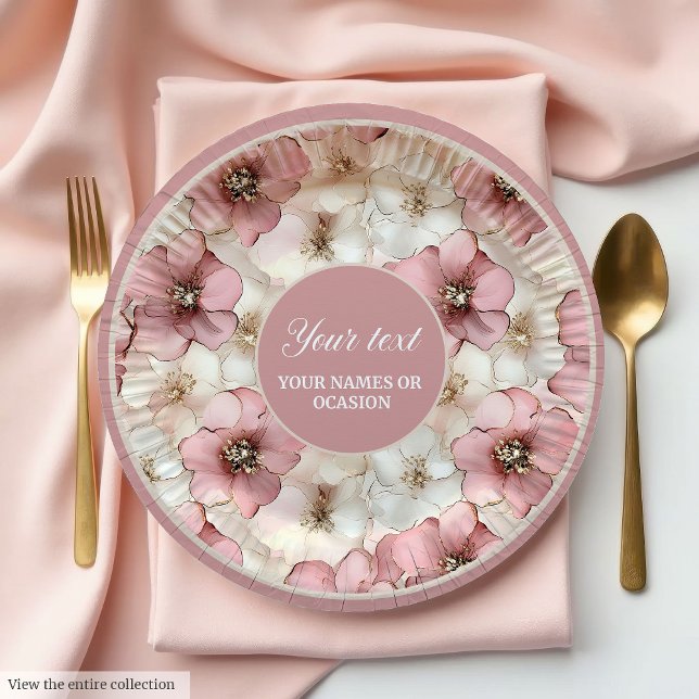 Chic pale pink and gold watercolor party plate set (Elegant blush pink and gold floral birthday plate)
