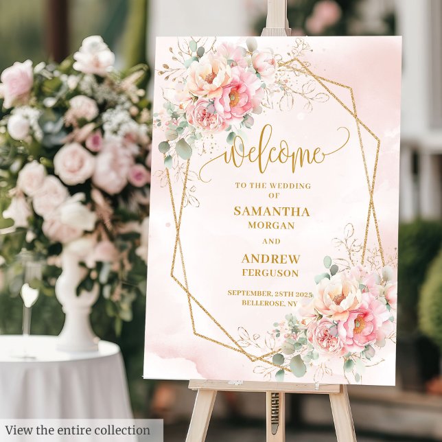 Chic Pale Pink Gold Peonies Wedding Welcome Poster (Chic Pale Pink Gold Peonies Wedding Welcome Poster)