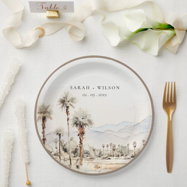 Chic Palm Springs California Landscape Wedding Paper Plates (Wedding)