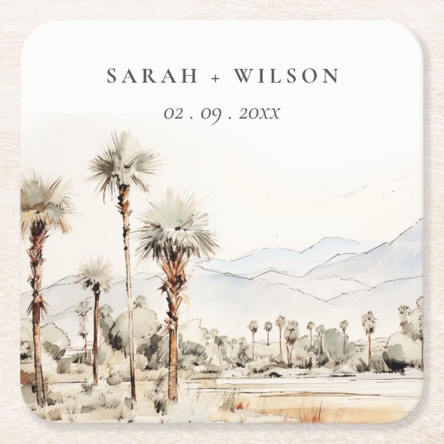 Chic Palm Springs California Landscape Wedding Square Paper Coaster (Front)