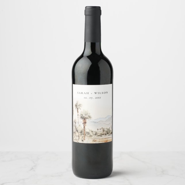 Chic Palm Springs California Landscape Wedding Wine Label (Front)