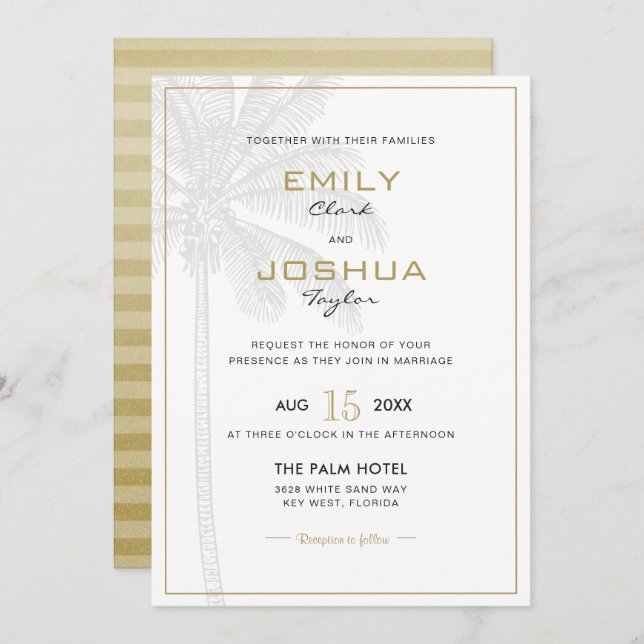 Chic Palm Tree & Gold Wedding Invitation Card (Front/Back)