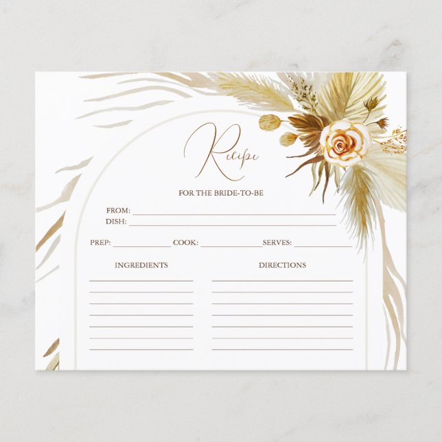 Chic Pampas Grass Boho bridal shower recipe card (Front)