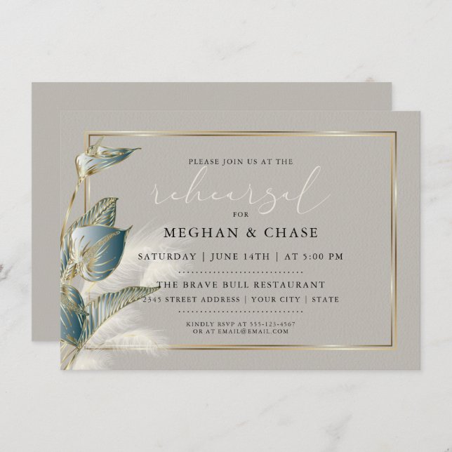 Chic Pampas Grass Teal Anthurium Rehearsal Invitation (Front/Back)