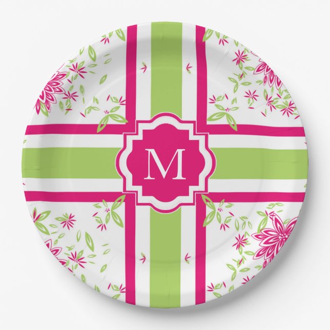 CHIC PAPER PLATE_LOVELY HOT PINK/GREEN FLORAL PLATES (Front)
