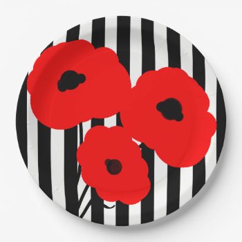 Chic Paper Plate_mod Red Poppies On Stripes Paper Plates by GiftMePlease at Zazzle