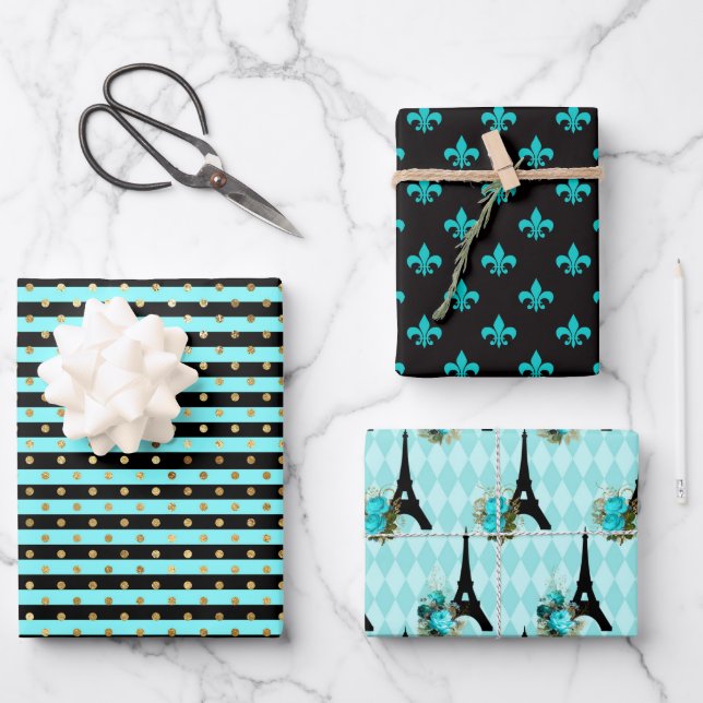 Chic Paris Aqua Blue, Black and Gold Wrapping Paper Sheets (Front)