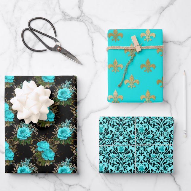 Chic Paris Aqua Blue, Black and Gold Wrapping Paper Sheets (Front)