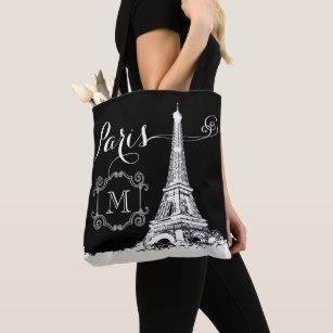 Chic Paris Eiffel Tower Black White Monogram Tote Bag