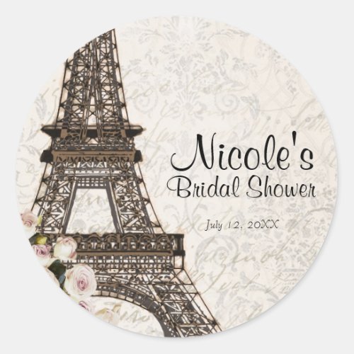 Chic Paris Eiffel Tower  Roses Elegant Favor Classic Round Sticker