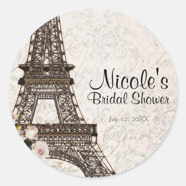 Chic Paris Eiffel Tower & Roses Elegant Favor Classic Round Sticker (Front)