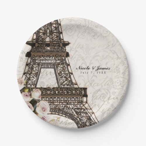 Chic Paris Eiffel Tower  Roses Elegant Party Paper Plates