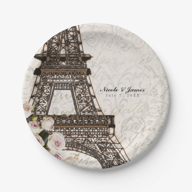 Chic Paris Eiffel Tower & Roses Elegant Party Paper Plates (Front)