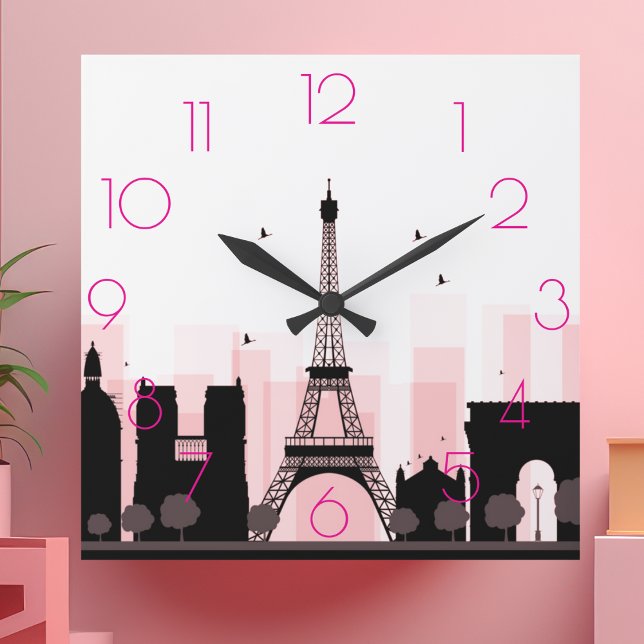 Chic PARIS Eiffel Tower Skyline Pink Modern Square Wall Clock (Creator Uploaded)