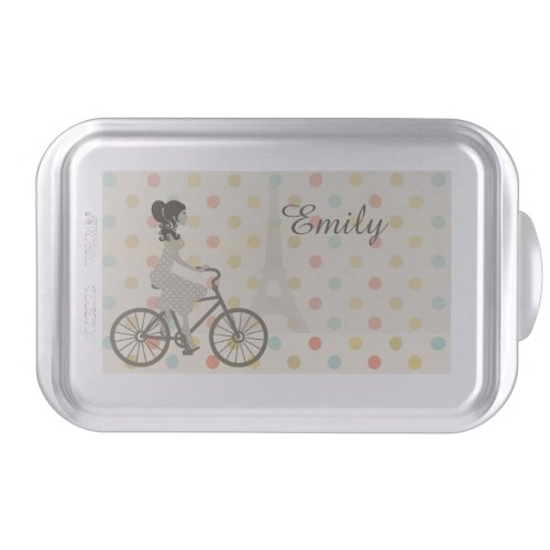 Chic Paris Girl Riding Bike Dotty Personalised Cake Pan