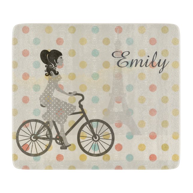 Chic Paris Girl Riding Bike Dotty Personalised Cutting Board (Front)