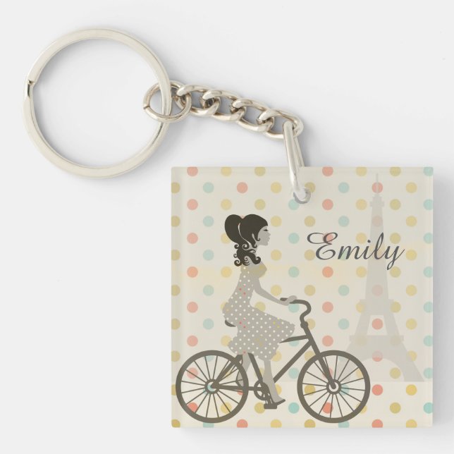 Chic Paris Girl Riding Bike Dotty Personalised Keychain (Front)