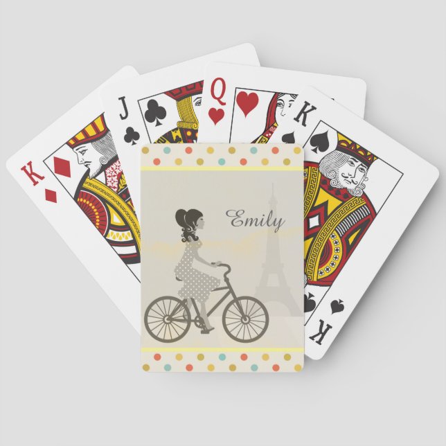 Chic Paris Girl Riding Bike Dotty Personalised Poker Cards (Back)
