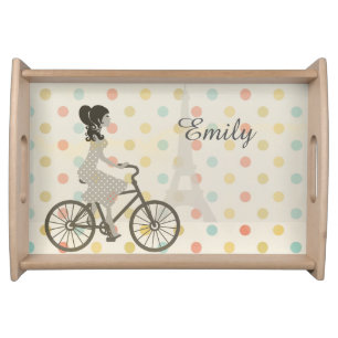 Chic Paris Girl Riding Bike Dotty Personalised Serving Tray