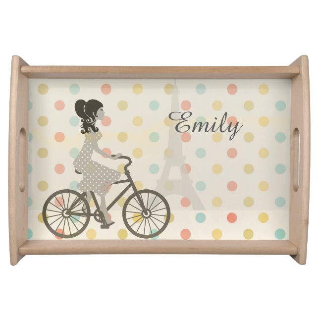 Chic Paris Girl Riding Bike Dotty Personalised Serving Tray (Front)