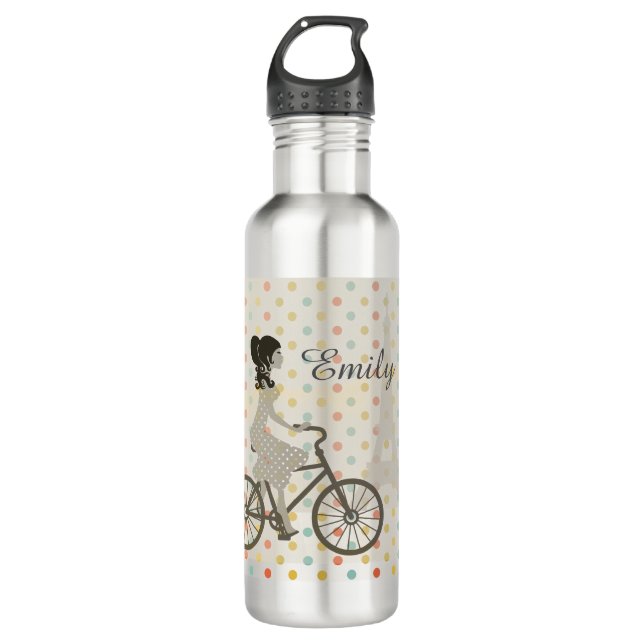 Chic Paris Girl Riding Bike Stainless Steel Water Bottle (Front)