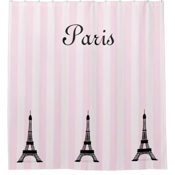 Chic Paris Pink Stripe And Black Eiffel, Pink And Black Striped Shower Curtain