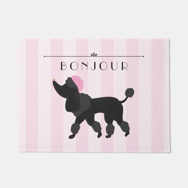 Chic Paris Pink Stripe with French Poodle Doormat (Front)