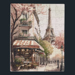 Chic Parisian Cafe Eiffel Tower Paris France Scene Jigsaw Puzzle<br><div class="desc">Parisian Cafe Puzzle.  Featuring the iconic Eiffel Tower and a chic Parisian coffee shop.  Option to personalize it with your own wording.</div>