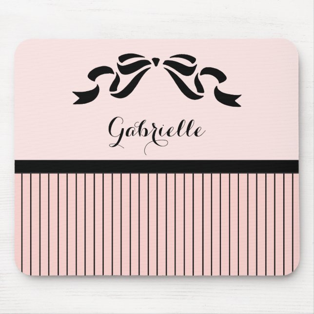 Chic Parisian Pink Pinstripes Black Bow and Name Mouse Pad (Front)