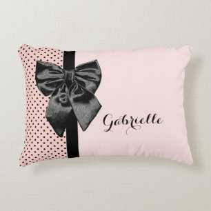 Chic Parisian Pink Polka Dots Black Bow and Name Accent Pillow