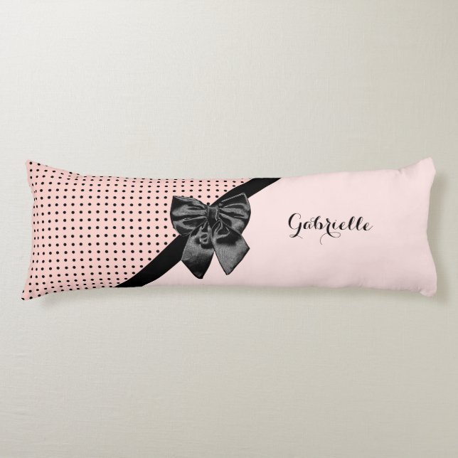Chic Parisian Pink Polka Dots Black Bow and Name Body Pillow (Front)