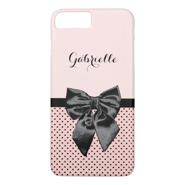Chic Parisian Pink Polka Dots Black Bow and Name Case-Mate iPhone Case (Back)