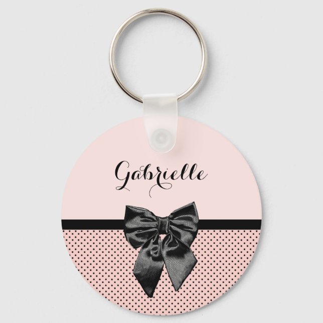 Chic Parisian Pink Polka Dots Black Bow and Name Keychain (Front)