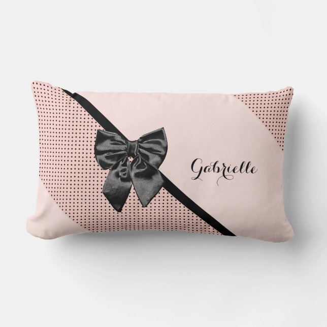 Chic Parisian Pink Polka Dots Black Bow and Name Lumbar Pillow (Front)