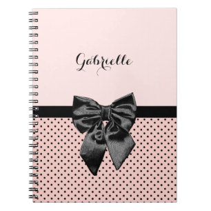 Chic Parisian Pink Polka Dots Black Bow and Name Notebook