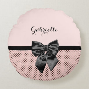 Chic Parisian Pink Polka Dots Black Bow and Name Round Pillow