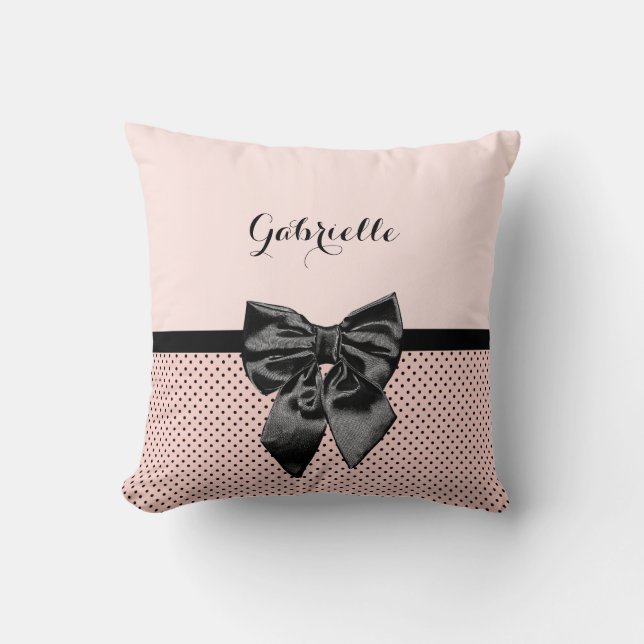 Chic Parisian Pink Polka Dots Black Bow and Name Throw Pillow (Front)