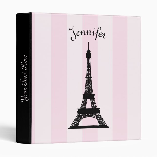 Chic Parisian Pink Stripe Black Eiffel Tower Binder (Front/Spine)
