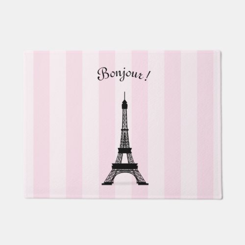 Chic Parisian Pink Stripe Black Eiffel Tower Doormat