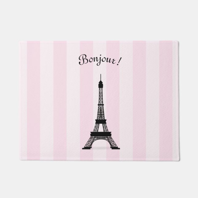 Chic Parisian Pink Stripe Black Eiffel Tower Doormat (Front)