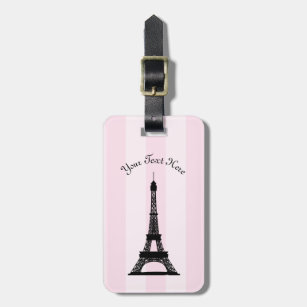 Chic Parisian Pink Stripe Black Eiffel Tower Luggage Tag