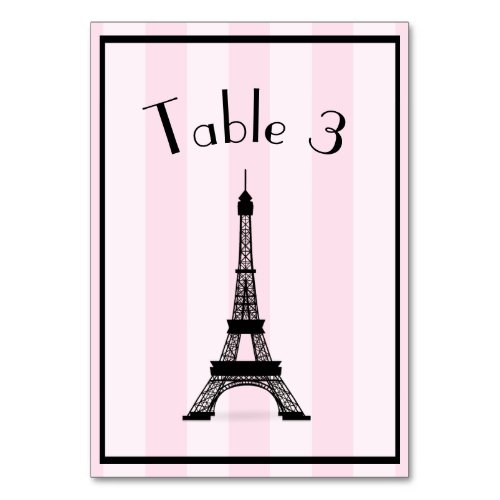 Chic Parisian Pink Stripe Black Eiffel Tower Table Number