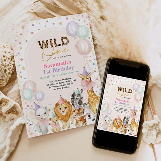 Chic Party Animals Wild Safari Girl 1st Birthday Invitation (Creator Uploaded)